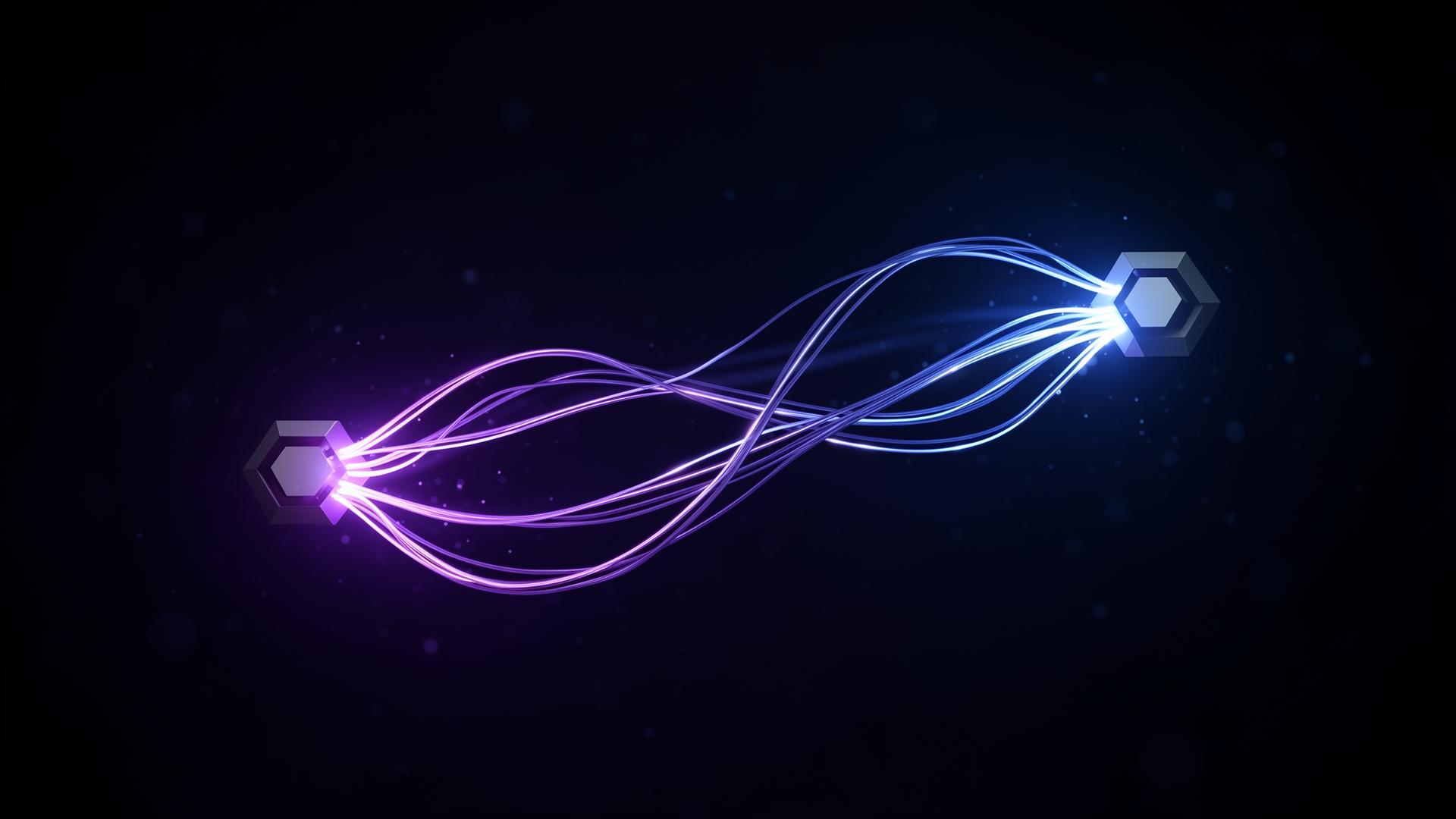 Abstract glowing strands connecting two nodes, symbolising linked gaming accounts.